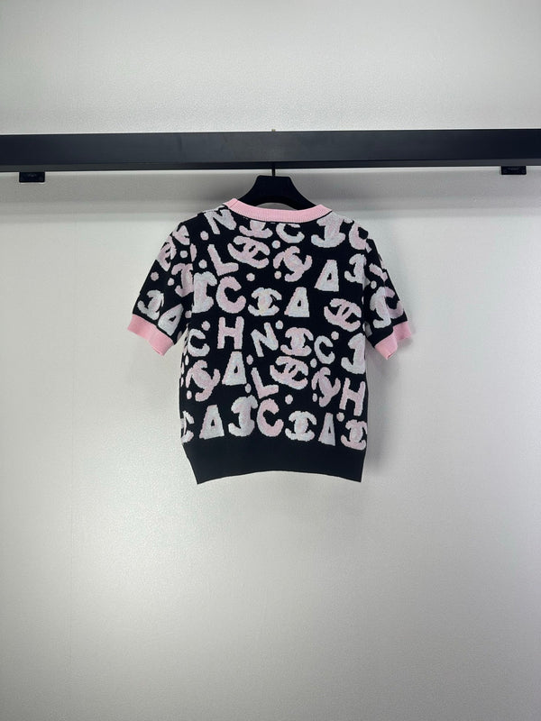 Haut en maille manches courtes CC noir rose laine nylon 345986