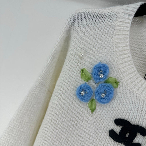 Pull à manches longues en laine et nylon blanc CC Floral 345973