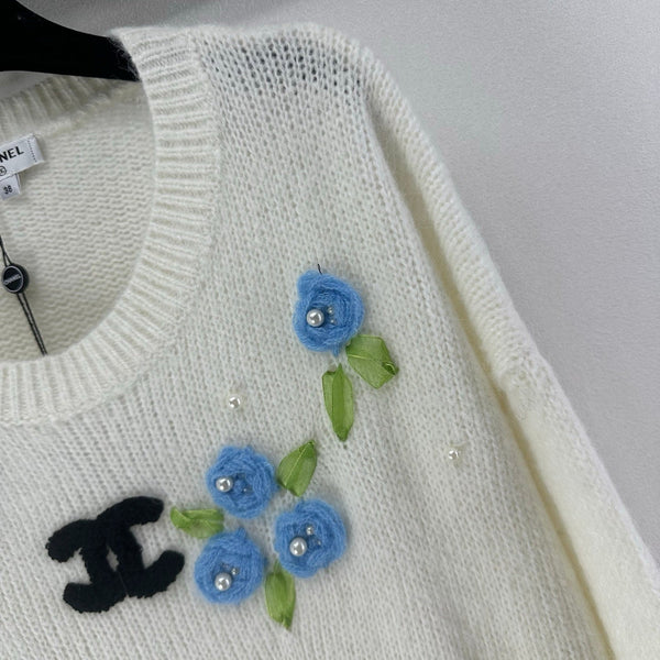 Pull à manches longues en laine et nylon blanc CC Floral 345973