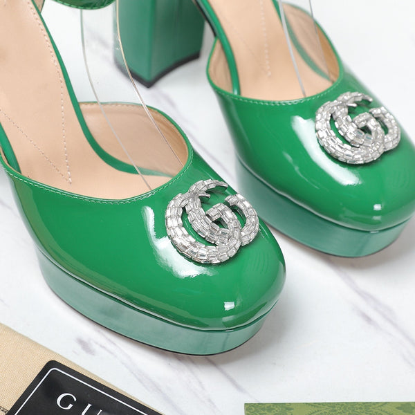platform pump with double g green patent leather