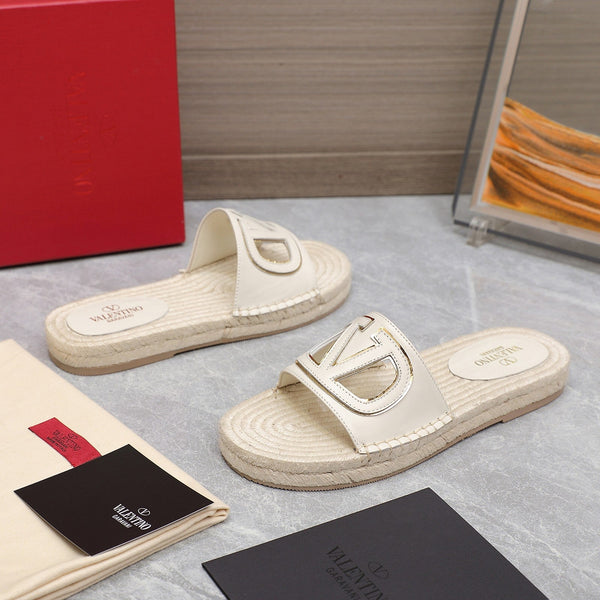 Vlogo Cut-Out Slide 20 Ivory Calfskin Beige Sole Raffia