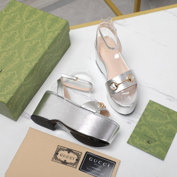 GG Horsebit Wedges Sandals Silver