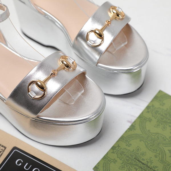 GG Horsebit Wedges Sandals Silver