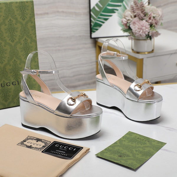 GG Horsebit Wedges Sandals Silver