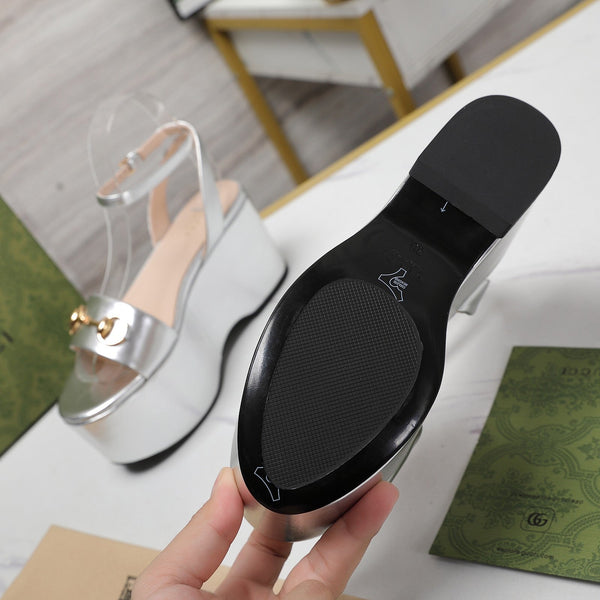 GG Horsebit Wedges Sandals Silver