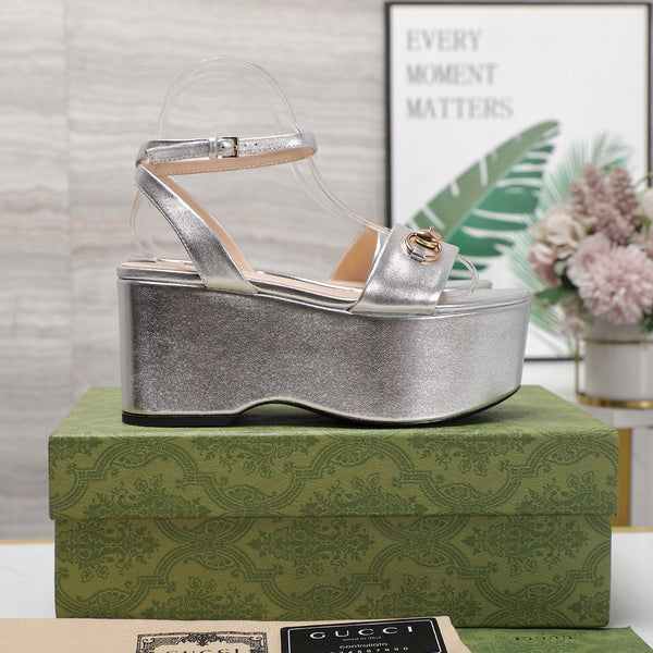 GG Horsebit Wedges Sandals Silver