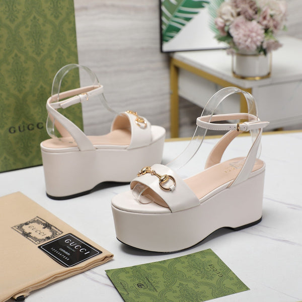 GG Horsebit Wedges Sandals White