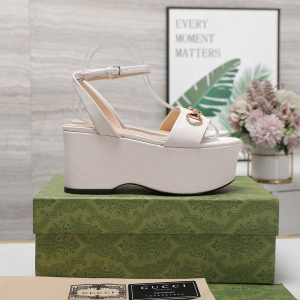 GG Horsebit Wedges Sandals White