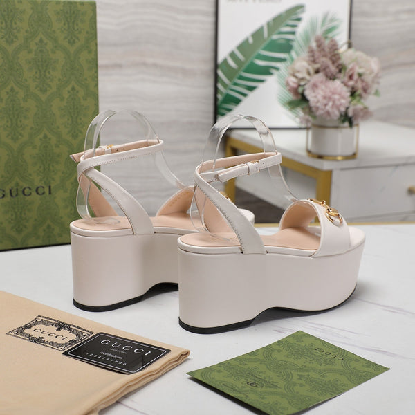 GG Horsebit Wedges Sandals White