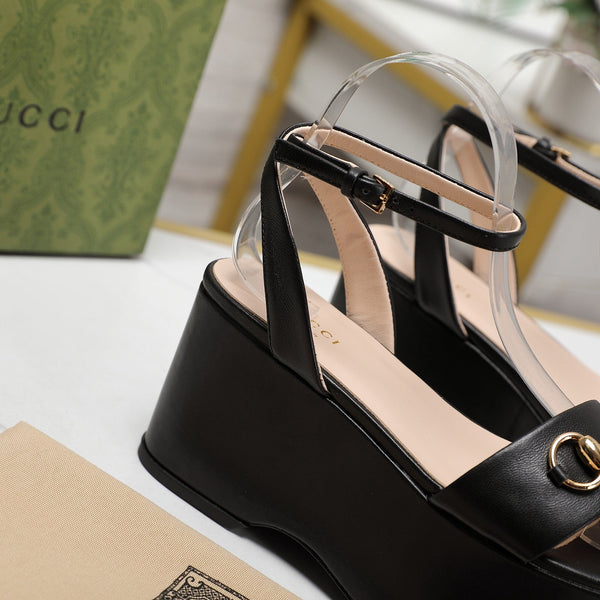 GG Horsebit Wedges Sandals Black