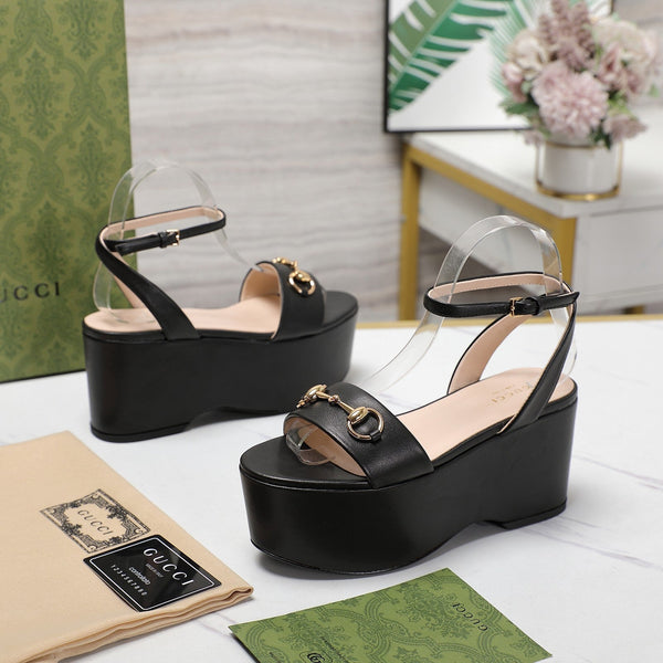 GG Horsebit Wedges Sandals Black