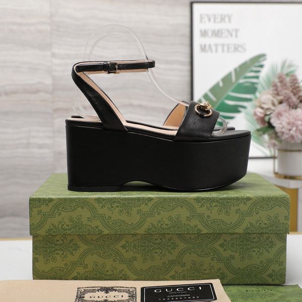 GG Horsebit Wedges Sandals Black