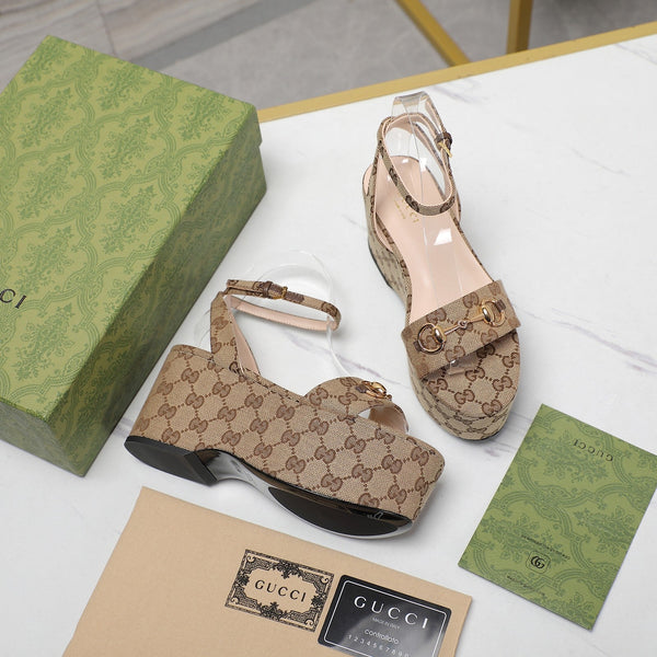 GG Horsebit Wedges Sandals Brown