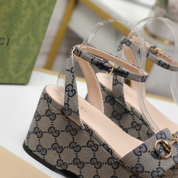 GG Horsebit Wedges Sandals Light Grey