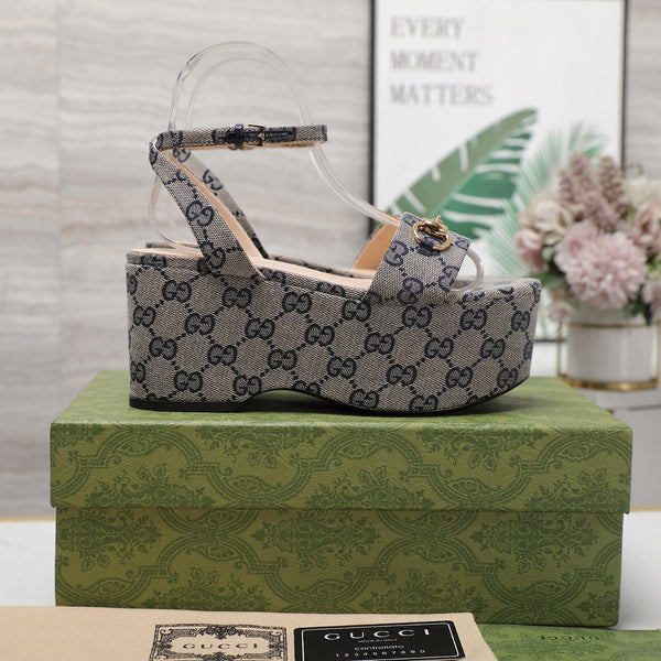 GG Horsebit Wedges Sandals Grey