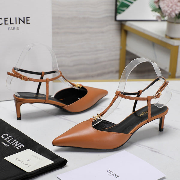 HIGH 5 CM SLINGBACK IN CINNAMON BROWN CALFSKIN WITH GOLD LOGO