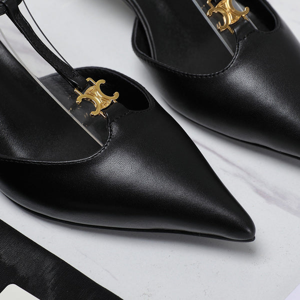 HIGH 5 CM SLINGBACK IN BLACK CALFSKIN WITH GOLD LOGO