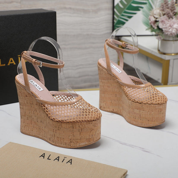 SANDALO ALAIA CON ZEPPA IN RETE BEIGE FRANCESE E GOMMA BEIGE