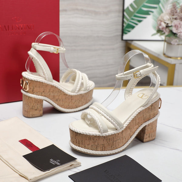 Valentino Garavani VLogo Summerblocks Wedge Sandals 115mm White Mix Brown Cowhide And Nylon Rope 821111