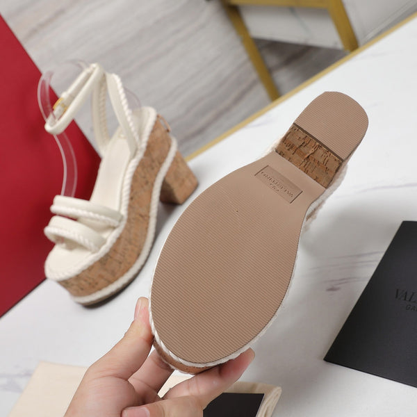 Valentino Garavani VLogo Summerblocks Wedge Sandals 115mm White Mix Brown Cowhide And Nylon Rope 821111