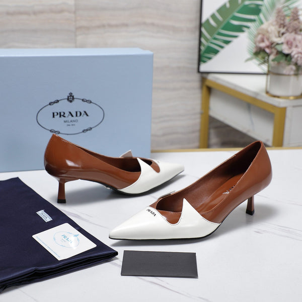 Prada Two-Tone Brushed Pumps 55mm Chocolate White Cowhide 456263