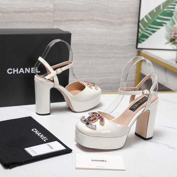 CC 25s Multicolor Stones Buckle Sandals 110mm White Patent Leather & Sheepskin 425825