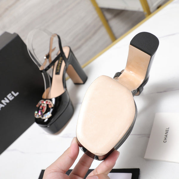 CC 25s Multicolor Stones Buckle Sandals 110mm Black Patent Leather & Sheepskin 425827