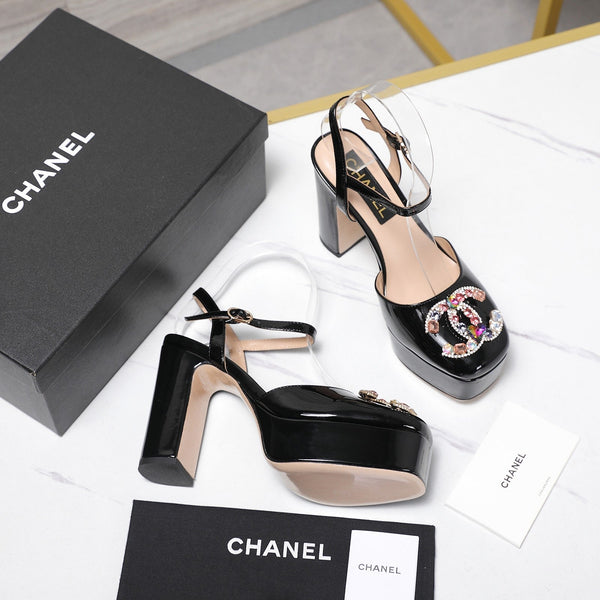 CC 25s Multicolor Stones Buckle Sandals 110mm Black Patent Leather & Sheepskin 425827