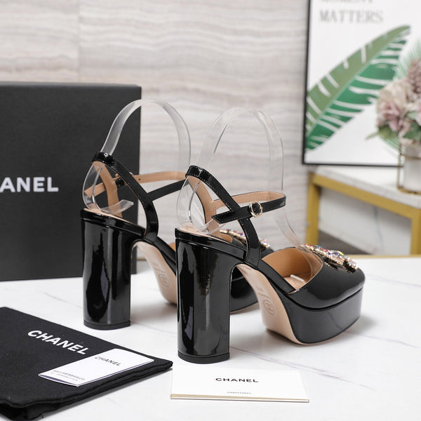 CC 25s Multicolor Stones Buckle Sandals 110mm Black Patent Leather & Sheepskin 425827