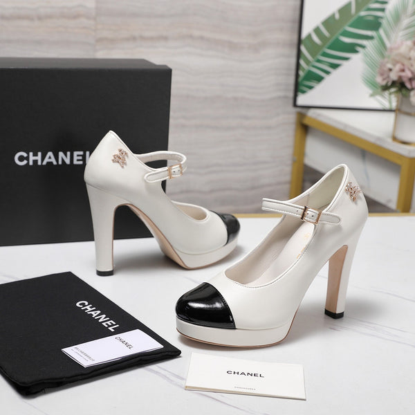 CC Buckle Platform Pumps 100mm White Lambskin 425879