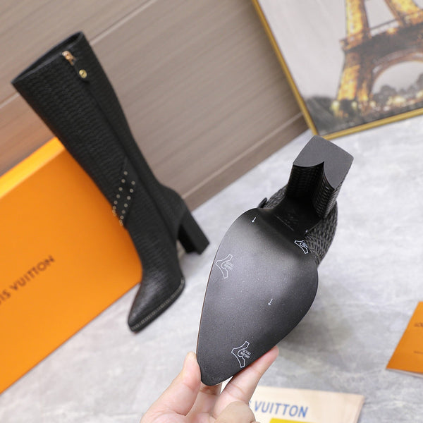 LV x Silhouette Basketweave Pattern Long Boots 95mm Black Leather 425686