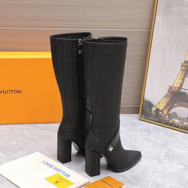 LV x Silhouette Basketweave Pattern Long Boots 95mm Black Leather 425686