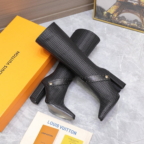 LV x Silhouette Basketweave Pattern Long Boots 95mm Black Leather 425686