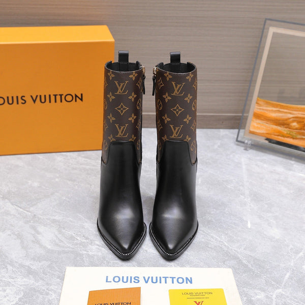 Stivaletto LVx Silhouette 95mm in pelle di vitello marrone e tela monogramma 425688