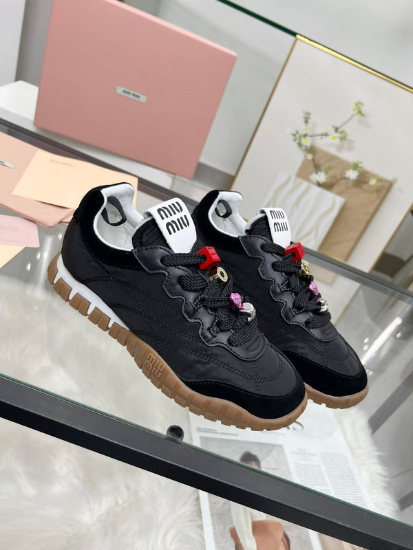 Miu TYRE Sneakers with Decorative Buckle Black Suede Technical Fabric 456334
