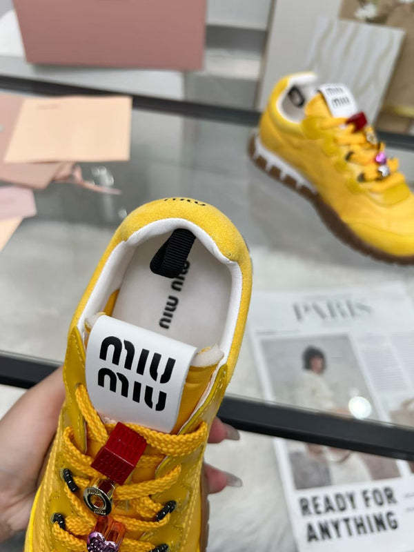Miu TYRE Sneakers with Decorative Buckle Yellow Suede Technical Fabric 456335