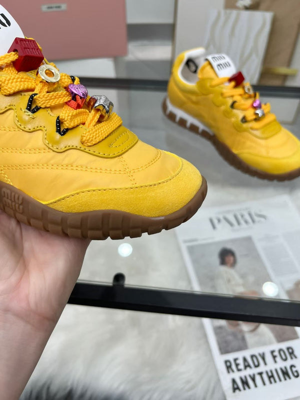 Miu TYRE Sneakers with Decorative Buckle Yellow Suede Technical Fabric 456335