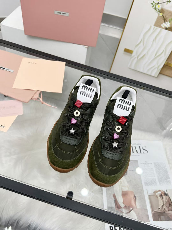 Miu TYRE Sneakers with Decorative Buckle Olive Green Suede Technical Fabric 456336