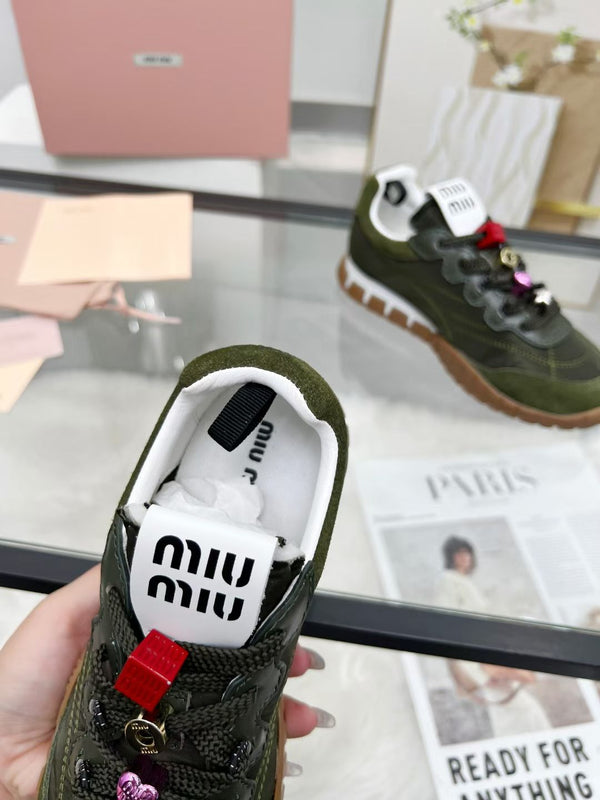 Miu TYRE Sneakers with Decorative Buckle Olive Green Suede Technical Fabric 456336