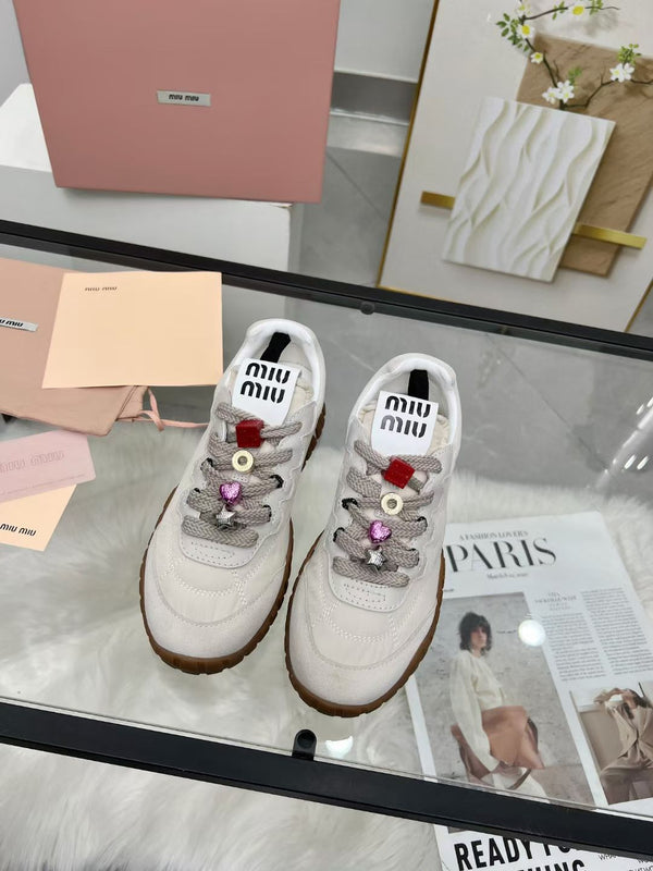 Miu TYRE Sneakers with Decorative Buckle White Suede Technical Fabric 456337