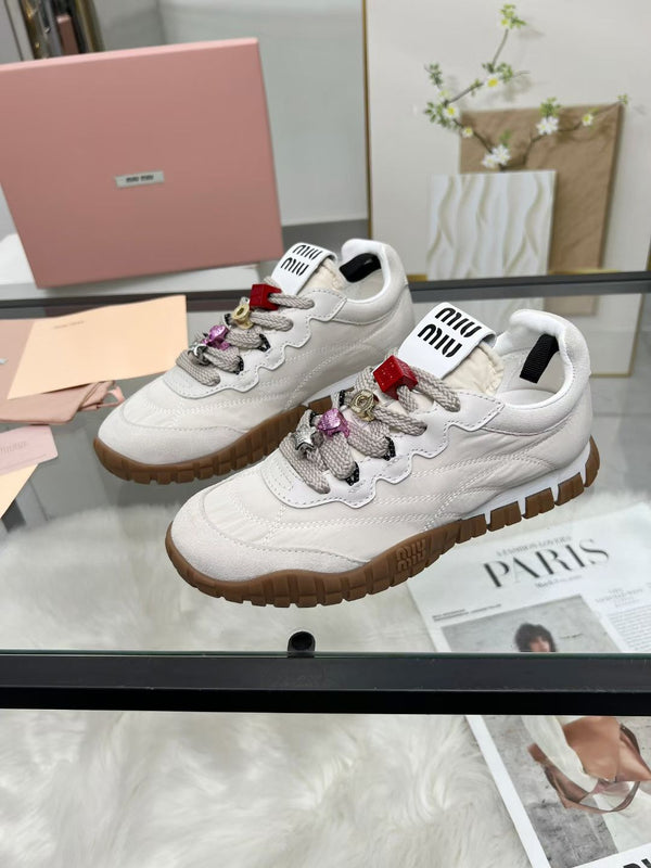 Miu TYRE Sneakers with Decorative Buckle White Suede Technical Fabric 456337