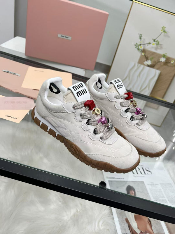 Miu TYRE Sneakers with Decorative Buckle White Suede Technical Fabric 456337