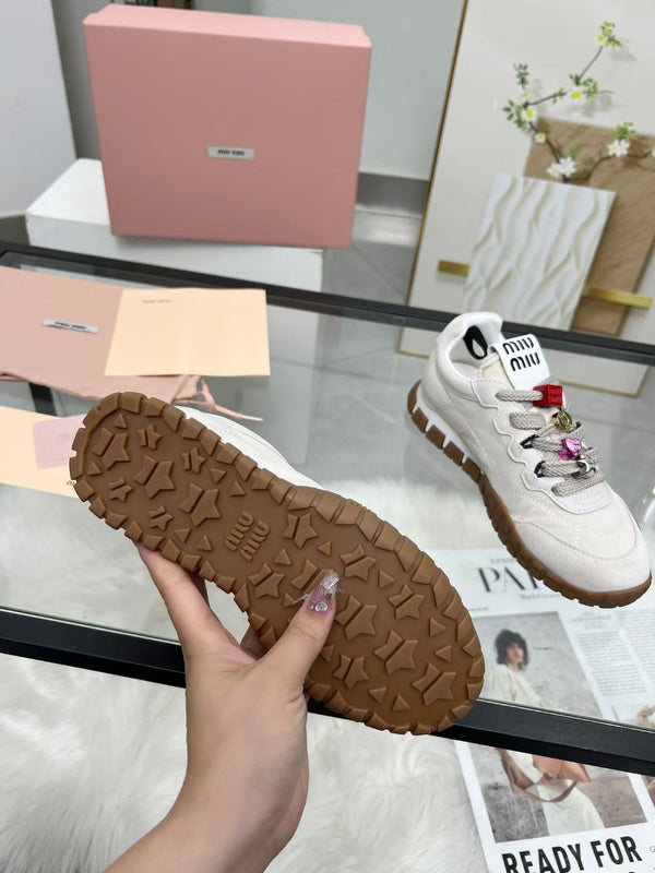 Miu TYRE Sneakers with Decorative Buckle White Suede Technical Fabric 456337