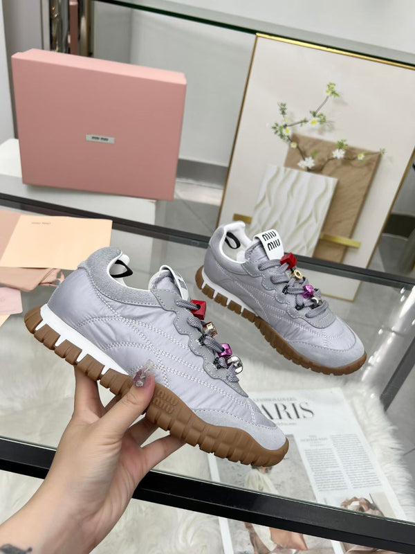 Miu TYRE Sneakers with Decorative Buckle Grey Suede Technical Fabric 456338