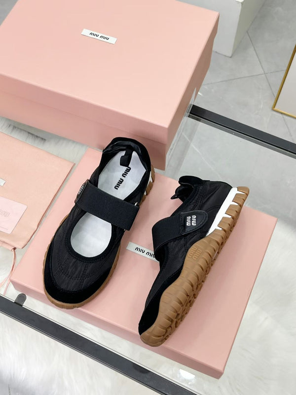 Miu Tyre Ballerina Shoes Black Suede Fabric 456339