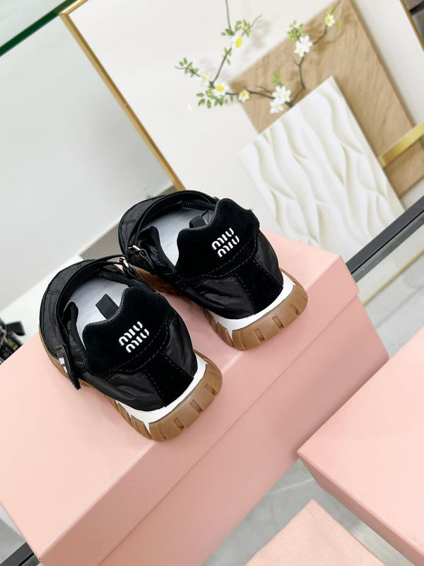 Miu Tyre Ballerina Shoes Black Suede Fabric 456339