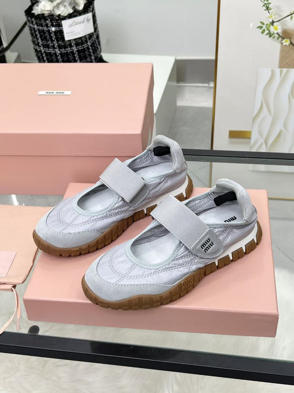 Miu Tyre Ballerina Shoes Grey Suede Fabric 456342