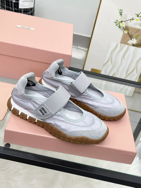 Miu Tyre Ballerina Shoes Grey Suede Fabric 456342