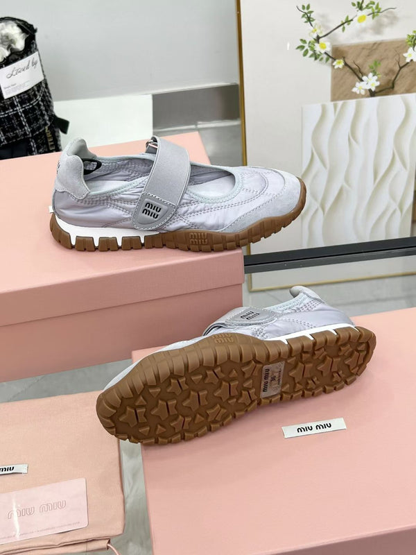 Miu Tyre Ballerina Shoes Grey Suede Fabric 456342