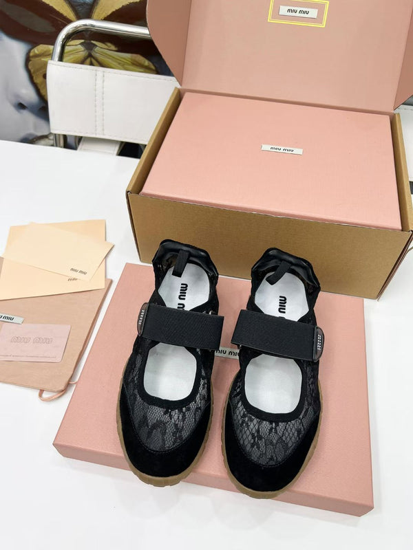 Miu Tyre Ballerina Shoes Black Suede Lace 456344